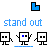 Blue and black L-shaped icons above blue pixelated text, with six white square figures below showing varied arm positions and one figure with a blue eye dot.
