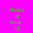 Pixelated green text "Music is love" with a musical note symbol on bright pink background, displayed in four variations with yellow rectangular highlights over different words.