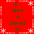 Red background with green text reading "I love u Jared !!!" arranged in a pattern, bordered by white snowflake and dotted lines