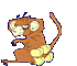 Pixelated orange monkey with large white ears and blue eyes, holding yellow flower clusters, tail curves left in first frame, right in second.