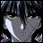Pixelated anime-style character with dark hair and a single tear, next to stylized text on a black background.