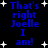 Blue pixelated text on black background with white stars, repeating 'That's right Joelle I am!' in two
