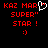 Red pixelated text on black background with white heart symbol and smiley face, displaying 'KAZ MAR SUPER STAR !' in two identical side-by-side
