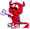 Red devil character with horns, tail, and sneakers performs actions including holding pitchfork, smoking, and emitting smoke or fire effects.