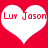 Two white heart shapes on a red background, each containing red pixelated text reading "Luv Jason".