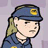 Pixelated cartoon character in blue uniform saluting with right hand, wearing dark blue cap with yellow emblem and light green hair tied back.