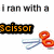 A static image shows a pair of orange-handled scissors with blue blades on a white background, accompanied by text reading "I ran with a" above and various partial spellings below.