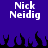 Pixelated text 'Nick Neidig' appears twice on a solid purple background with black flame-like shapes at the bottom.