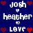 Pixelated text and heart symbols arranged in a on dark blue background, with white text reading 'josh', 'heather', 'love' alongside red hearts