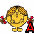 Yellow cartoon character with braided hair and red bows holds a sequence of red text characters against a white background.