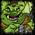 Green cartoon creature with orange armor, yellow eyes, and purple mouth; animated sequence showing head turning left to right while text changes from HEA to HEADS.