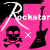 Pixelated pink background with black skull, electric guitar, and white text 'Rockstar' featuring a change from an X to a plus symbol between frames.