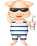Pixelated cartoon pig in striped swimsuit holding drink and phone, two frames showing sunglasses to phone transition.