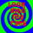 Four identical spiral patterns with red text reading LOOK INTO MY EYES on green and blue background.