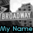 A black-and-white cityscape background with 'BROADWAY' street signs, featuring changing text overlays in cyan, pink, green, and yellow.