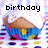 Pixelated cartoon character with brown hair and blue clothing, standing on a colorful patterned background under text reading 'birthday' and 'girl'.