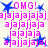 Pixelated animation with blue stars and pink text 'OMG!' and 'ajajajaja' on a light background, repeating in four quadrants.