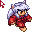 Pixelated character with white hair and red outfit in four sequential poses against gray background, showing movement from left to right.