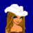 Pixelated 4-frame contact sheet showing a cartoon woman with long brown hair wearing a white cowboy hat against a blue background, paired with text elements on pink and gray backgrounds.