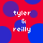Red background with blue circles and white text reading 'tyler & reilly' in pixelated font.