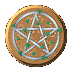 Circular brown coin with silver pentagram and green dots, viewed from multiple angles showing front, side, and back with text.