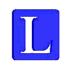 Blue square and rectangular with white serif letter L and J on gray background, varying in size and orientation