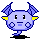 Pixelated blue creature with yellow ear accents and dark blue horns, shown in nine distinct poses on a gray background.