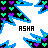 Pixelated icon with blue, green, and purple heart shapes on black background surrounding central white space containing 'ASHA' text.