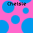 Pixelated pink background with scattered blue circles and two instances of the text 'Chelsie' in black pixel font.