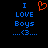 Pixelated text reads 'I LOVE Boys ...<3...' in blue on black background with an orange heart symbol above the word 'LOVE'.