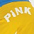 Yellow curved shape with white text 'PINK' and a blue heart symbol on the right side.