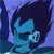 Pixelated blue-toned image of a character with dark hair and a light blue face, set against a gradient background.