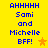 Yellow background with blue pixelated text reading "AHHHHH Sami and Michelle BFF!" and an orange star, with the star's position changing between frames.