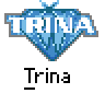 A contact sheet of 15 animated frames showing a pixel art character named Trina with various text and logo variations above her, including diamond-shaped blue logos and speech bubbles.