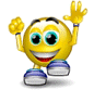 Yellow cartoon character with blue shoes and wristbands, smiling broadly with raised arms in multiple poses.
