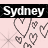 Animated contact sheet showing two frames of a buddy icon with pink background, black text reading "Sydney," and pixelated heart symbols in gray on light pink.