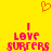 Yellow background with orange pixelated heart above two identical pink text blocks reading "LOVE SURFERS" with vertical pink bars.