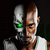A pixelated static image shows a humanoid figure with brown hair and green glowing eyes, wearing a white shirt against a dark background.