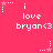 A pink background displays repeated text 'i love bryan<3' with animated star and dot patterns changing position.