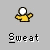 Pixelated yellow figure with white head and outstretched arms, displaying blue plus symbols as sweat drops beneath text reading 'Sweat' on gray background.