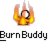 Animated contact sheet showing two identical frames of a pixelated buddy icon with flame effects and text labels, plus red website branding above.