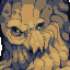 Pixelated character with glowing green eyes, brown hair, and a dark blue background featuring abstract shapes.