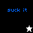 Pixelated blue text 'suck it' appears on four distinct background with a white and black star icon below the text in two