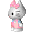 Pixelated cartoon cat with pink bow, blue-and-pink outfit, and yellow nose in multiple poses against gray background.