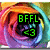 A colorful swirling background with text overlays in green, blue, and cyan, featuring names and symbols.