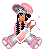 Pixel art icon of a cartoon character with orange skin, black braided hair, and blue eyes wearing a pink-and-gray hat while holding a white object with purple sparkles.