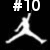 White silhouette of a basketball player in mid-air jump shot pose on black background, with #10 text above and gray rectangle partially obscuring bottom-right corner.