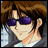 Pixelated anime-style character with brown hair and purple sunglasses on left, black background with white text on right.
