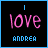 Two side-by-side animated frames of a pixel art buddy icon with pink text 'love' and blue text 'andrea' on black background, showing frame-to-frame animation change in the word 'love'.