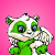 Animated contact sheet of a green and white cartoon raccoon-like petpet with blue eyes on pink background, showing 9 sequential frames of movement.